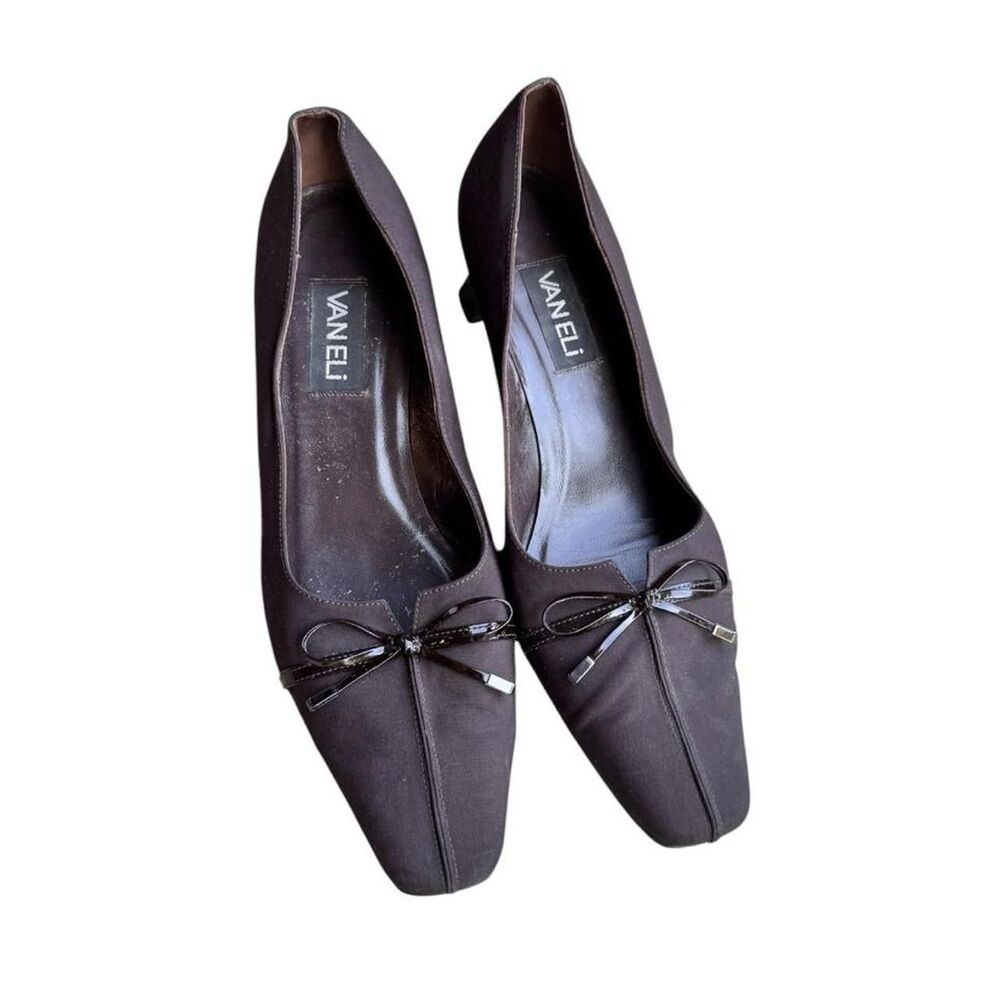 Vaneli Rhea Block Heel Leather Square Toe Bow Pumps Black Size 10